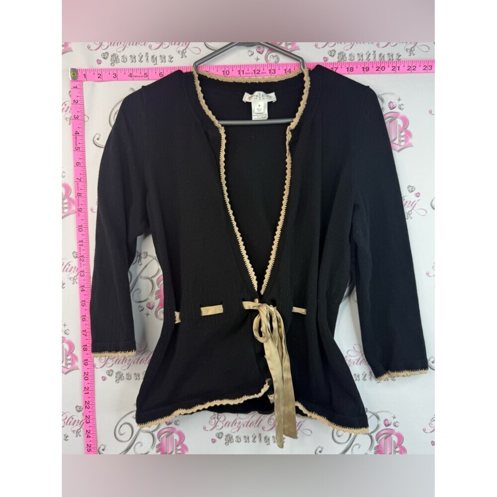 White House Black Market Black Knit Cardigan with Gold Trim and Satin Waist Tie